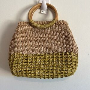 Macrame Woven Twine Handbag Tan Yellow Wood Handle Boho Natural Rope Rattan